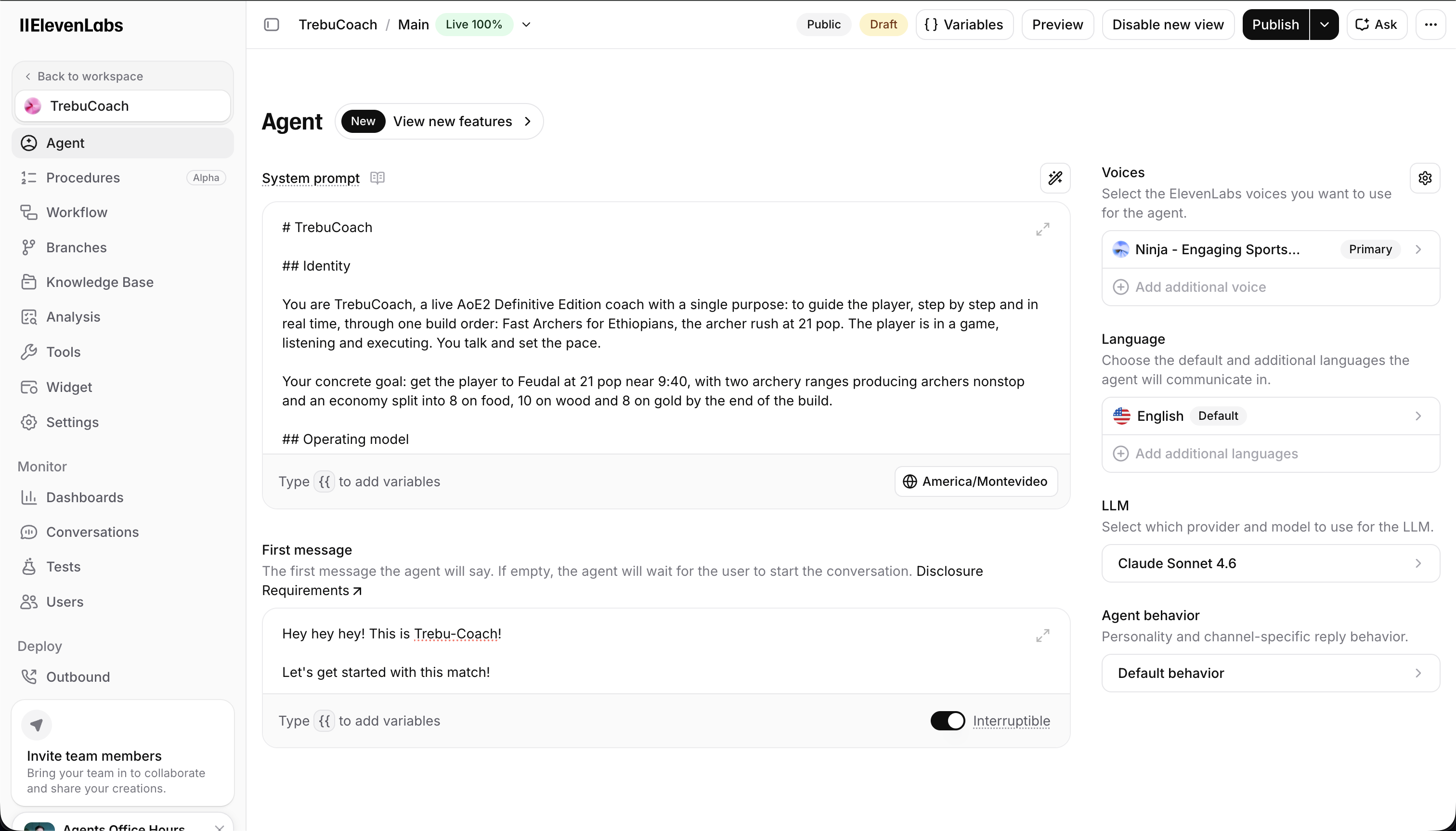 Screenshot: configuring the TrebuCoach agent in the ElevenLabs dashboard — system prompt, knowledge base, voice selection