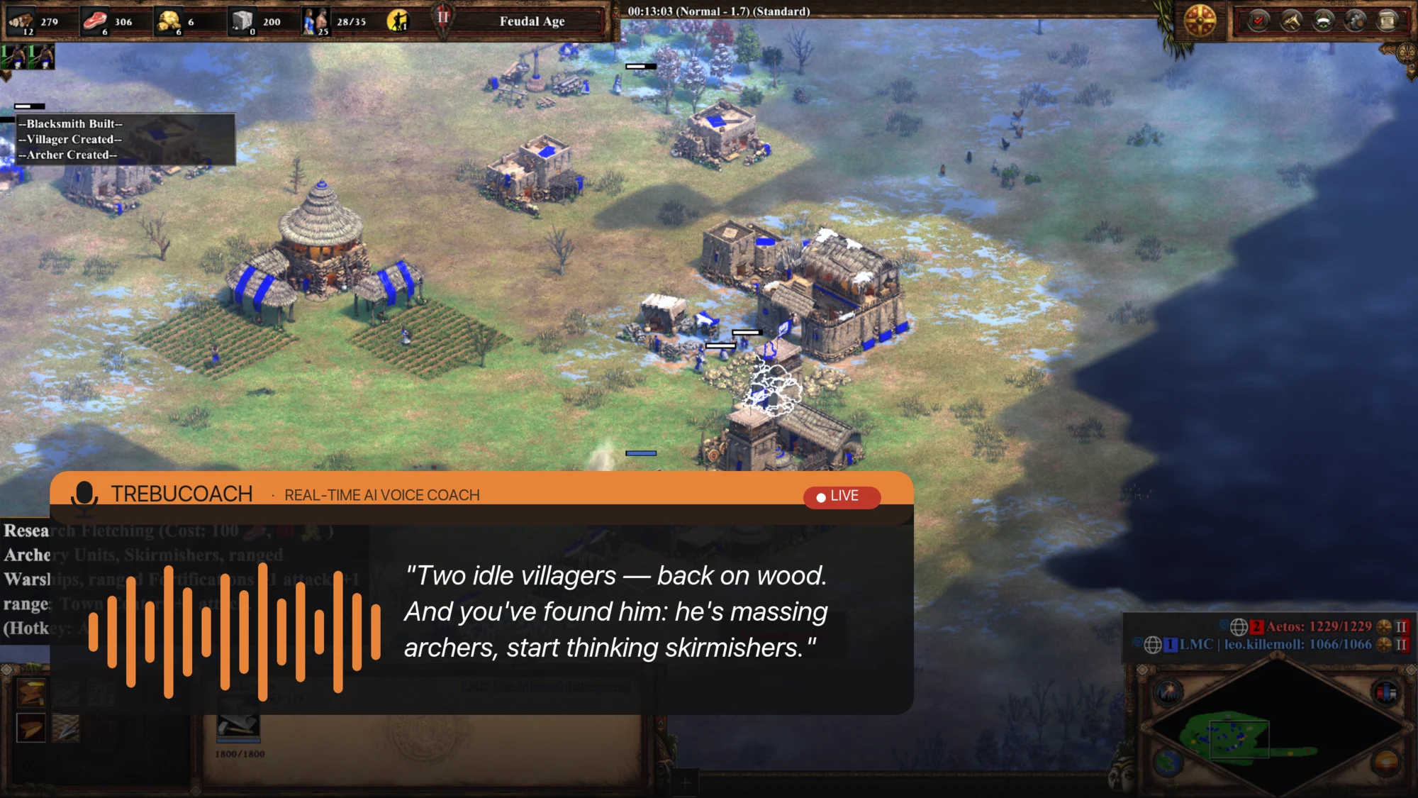 A live Age of Empires 2 match with a TrebuCoach voice-coaching line overlaid