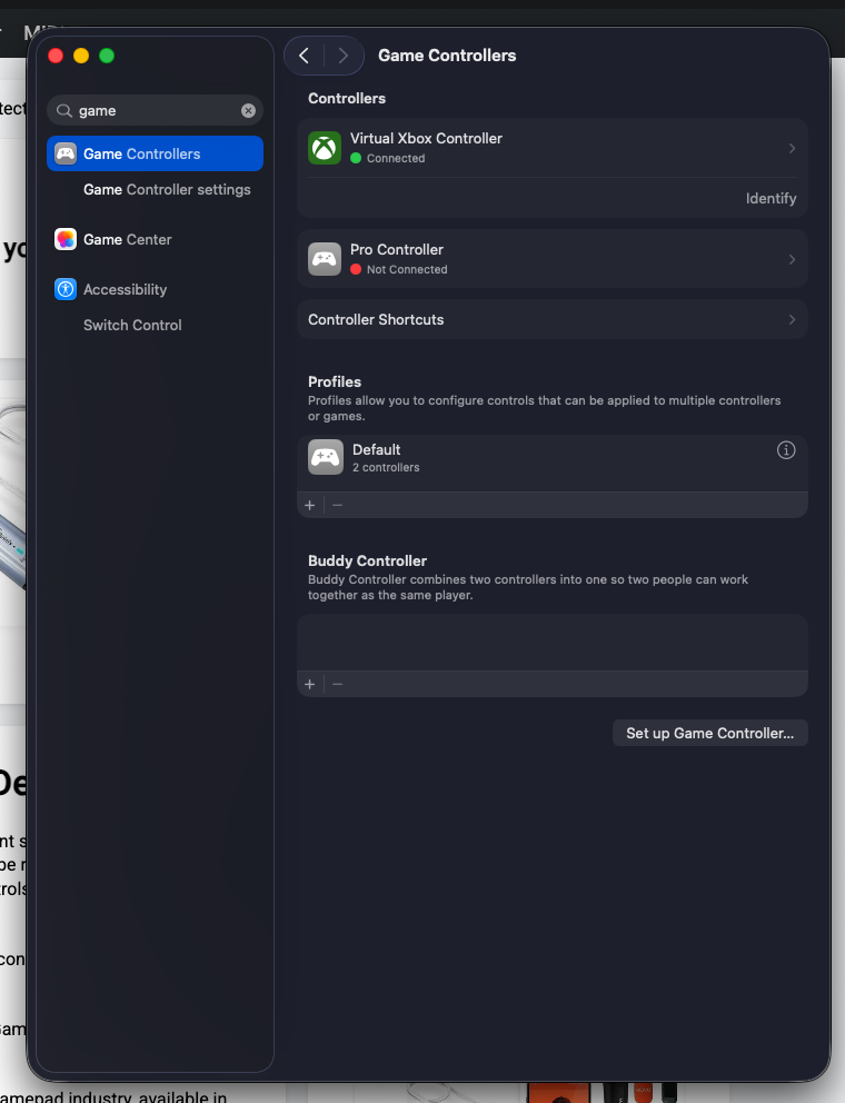 Screenshot: macOS System Settings > Game Controllers showing "GamePad-1" listed as a connected controller