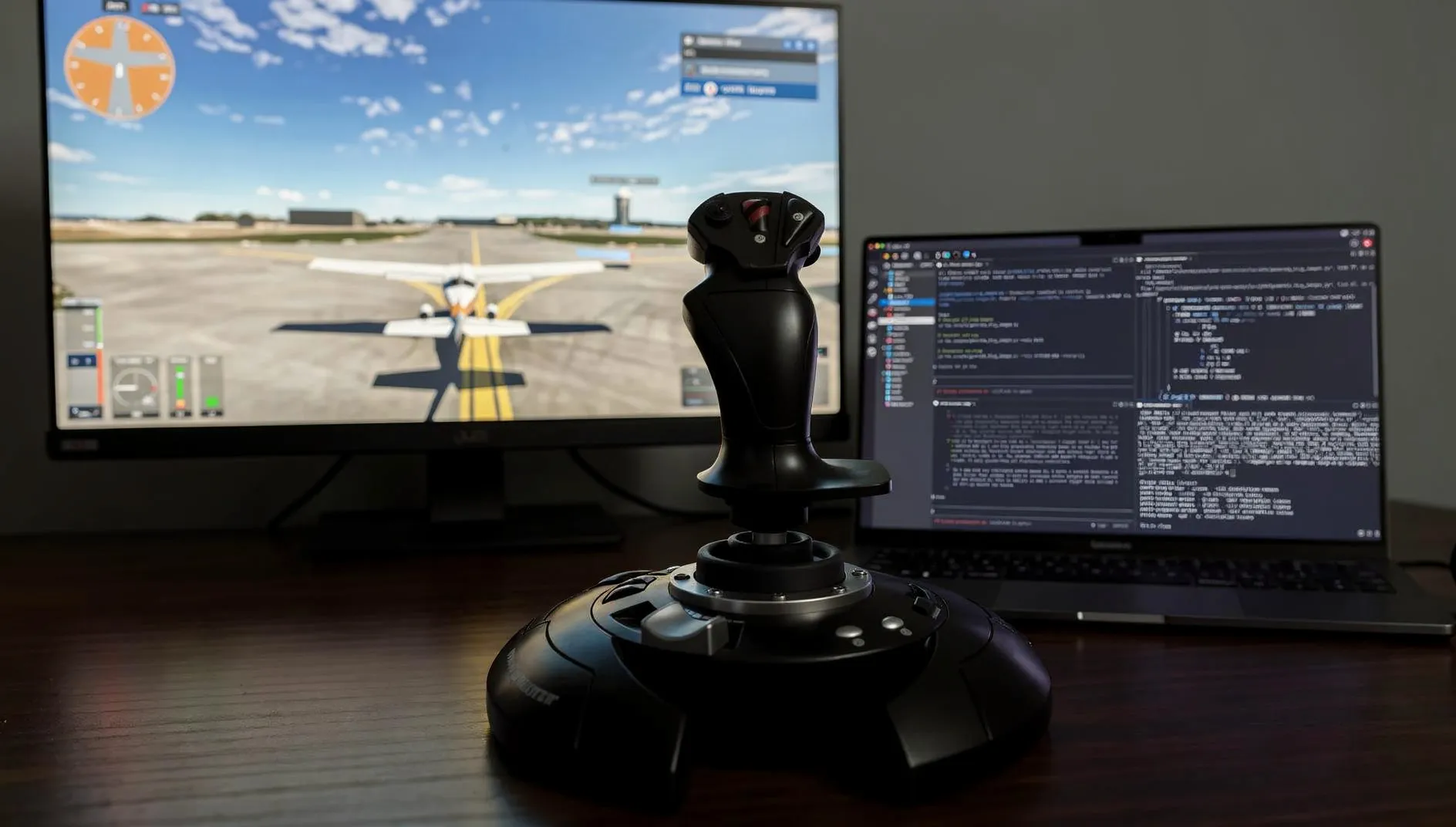 Thrustmaster T-Flight Stick X plugged into a MacBook Pro on a desk